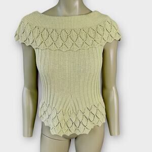 Cato Vintage Crochet Sleeveless Ribbed Knit Sweater Bertha Collar Size S Tan
